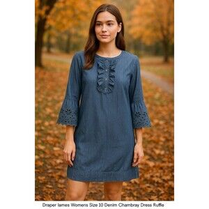 Draper James‎ Womens Size 10 Denim Chambray Dress Ruffle Front Bell Sleeve